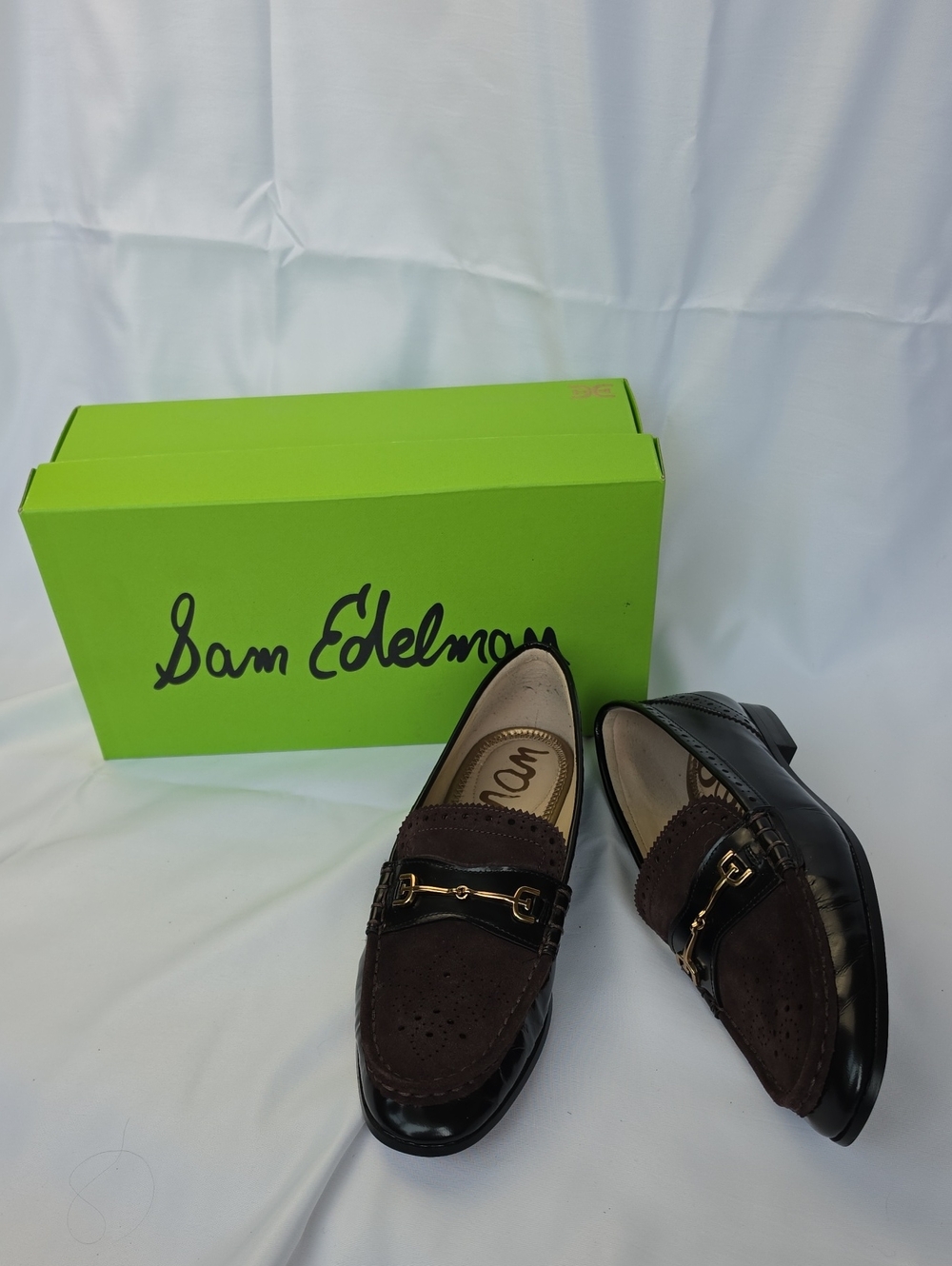 SAM EDELMAN Black Brown Liona Suede Two Tone Preppy Classic Slip On Loafers 9
